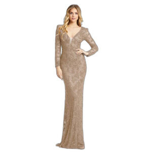 Mac duggal long sleeve sequin beaded sheath gown in mocha style 5177 size 6